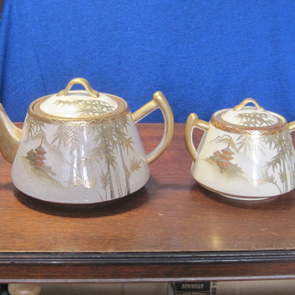 VINTAGE JAPANESE  SATSUMA HAND PAINTED TEA CUP AND SUGAR BOWL,  BAMBOO SCENERY.